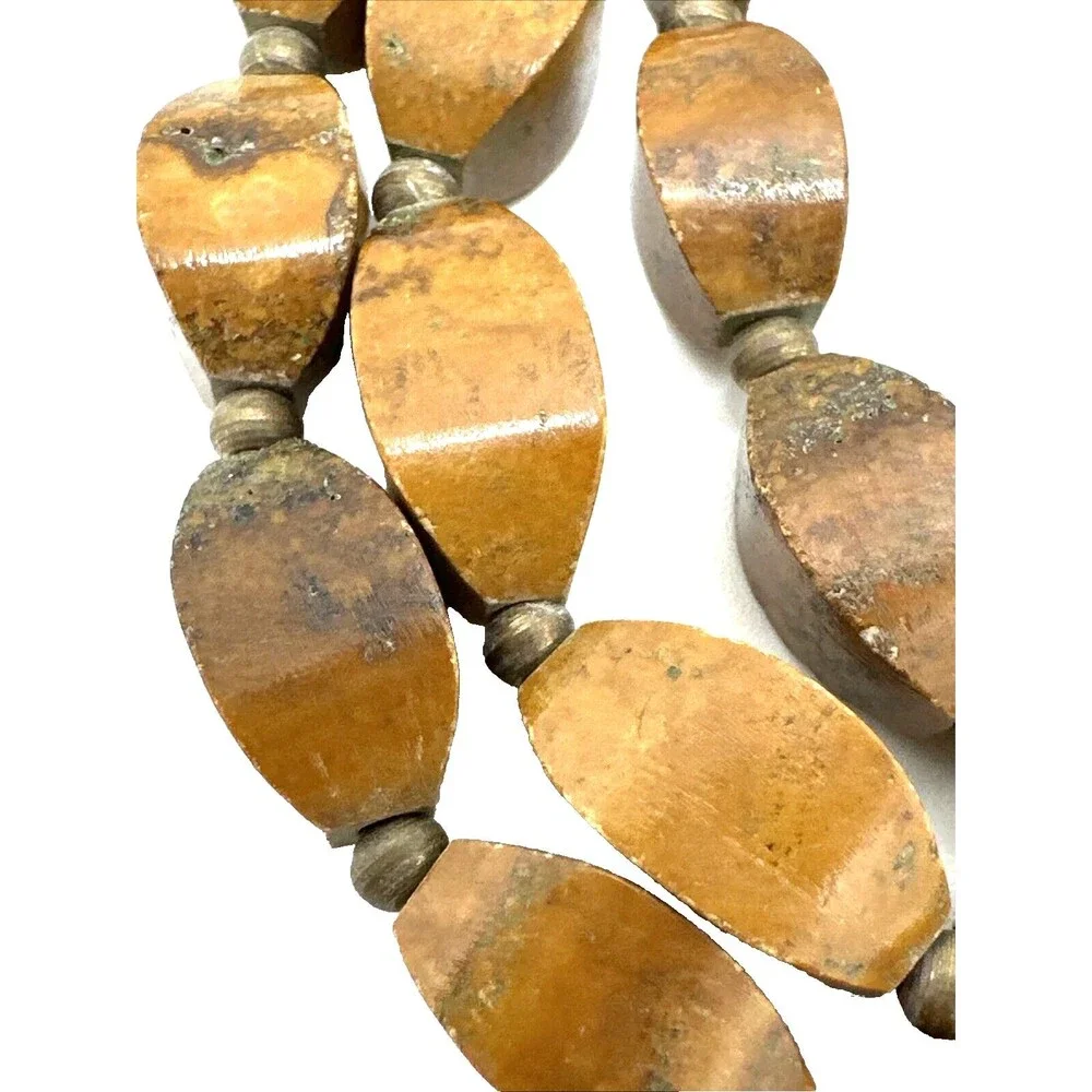 Unique Vintage Stone Bead Choker Necklace Heavy Brown Beige Petrified Wood 20